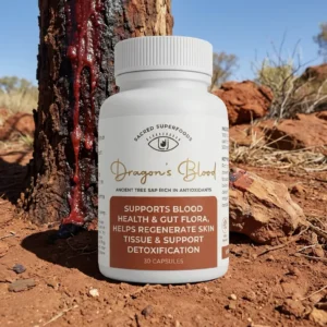 Dragons Blood South Africa supplement bottle – nutrient-rich superfood capsules, blood tonic high in antioxidants, supports skin appearance, vitality, and healthy inflammatory response – 30 capsules.