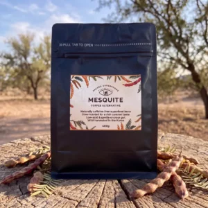 Front of Mesquite Coffee Alternative 400g pack – naturally caffeine-free superfood coffee from South Africa, alternative to MannaBrew
