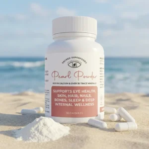 Pearl Powder South Africa supplement bottle – natural superfood capsules that support hair, skin, eyes, and nails – 30 capsules.