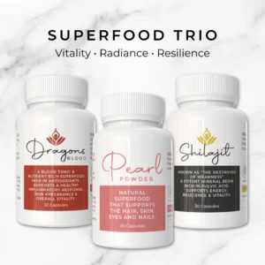 Superfood Trio – Dragons Blood, Pearl Powder, and Shilajit natural superfood capsules promoting vitality, radiance, and resilience. 30-capsule bottles displayed on a marble background.