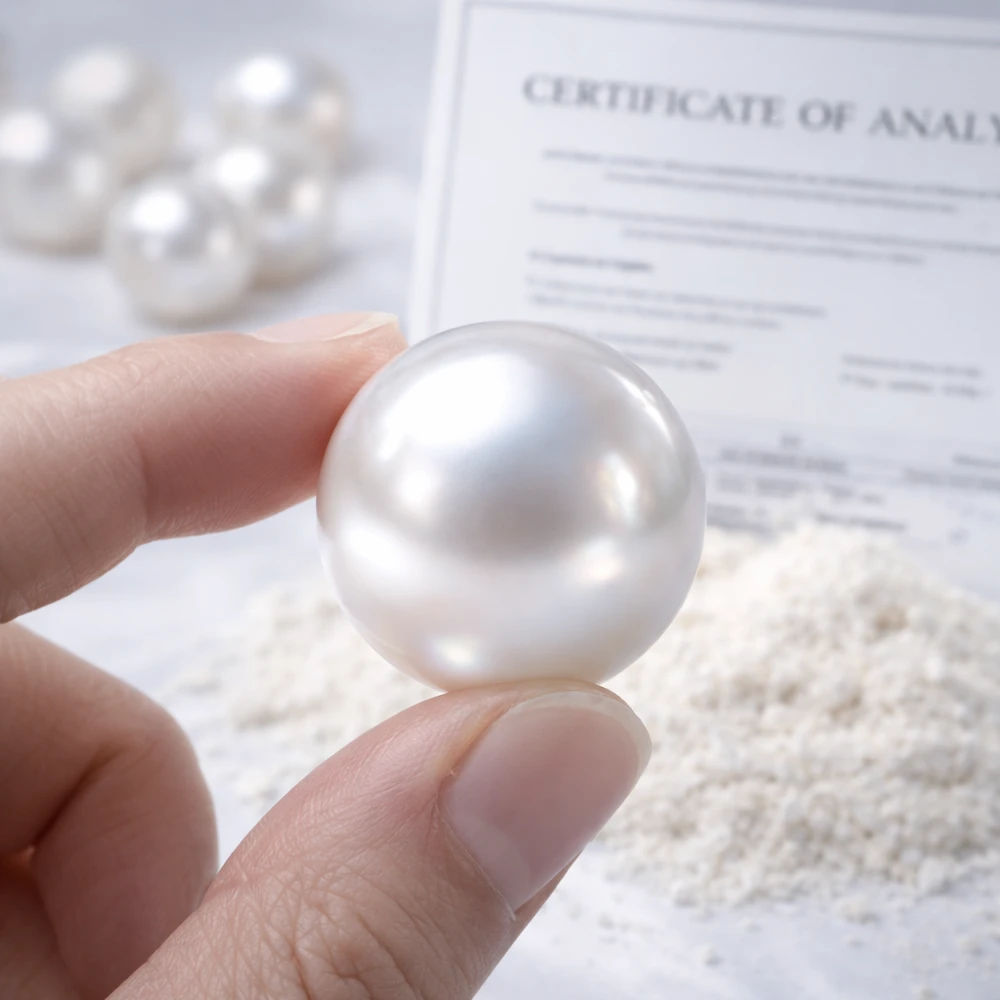 High-quality pearl held between fingers with pearl powder in the background, representing lab-tested pearl powder and Certificate of Analysis in South Africa
