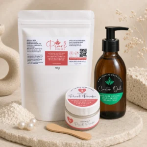 A cost-effective refill kit for your pearl powder and castor oil ritual. Includes Micronized Freshwater Pearl Powder – 100g, Organic Cold-Pressed, Hexane-Free Castor Oil – 200ml, and Deeply Nourishing Regenerative Eye Serum – 30ml with spatula. Ideal for refilling your serum jar, eye-area nourishment, dry or tired-looking eyes, fine lines, skin radiance, and ongoing topical self-care.