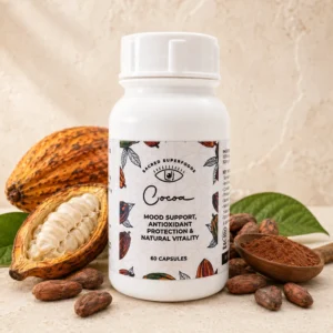 Sacred Superfoods Cocoa Capsules Mood Support capsules displayed with cacao pods, cacao beans, cocoa powder and green leaves on a warm, natural background.
